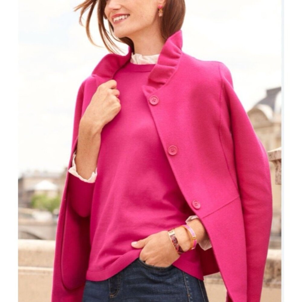 Talbots 2P Pink Suit Jacket Blazer Ruffle Neck Double Face Stretch Wool